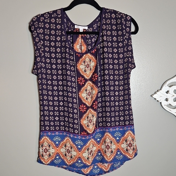 DR2 Purple and Orange Boxy Blouse with Mandarin Collar - Picture 1 of 5